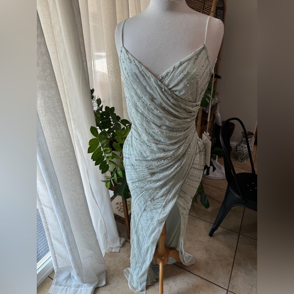 Mac Duggal Light Blue Beaded Faux Wrap High Slit Formal Gown Prom Dress